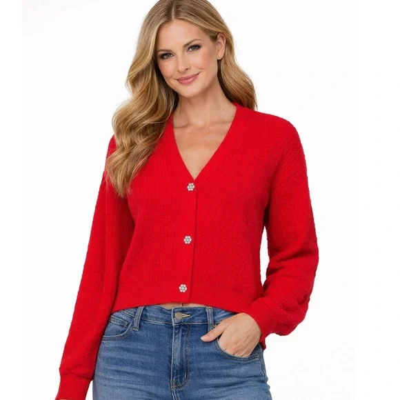 NO BOUNDARIES Red Rhinestone Button Cardigan Sweater XS - Picture 1 of 12